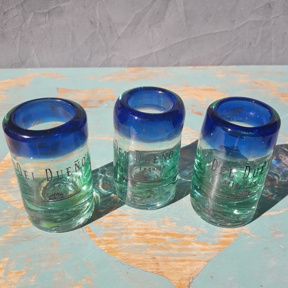 3 Art Glass Hand Blown Shot Glasses Handmade Colored Bubble Glass Blue Green - Picture 6 of 10